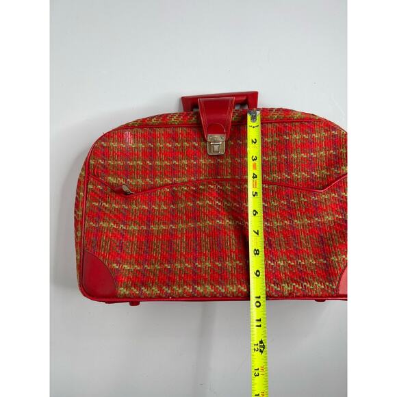 Vintage Suitcase Plaid Made in Japan Red Vinyl Pockets Zipper Retro Travel - Picture 9 of 16